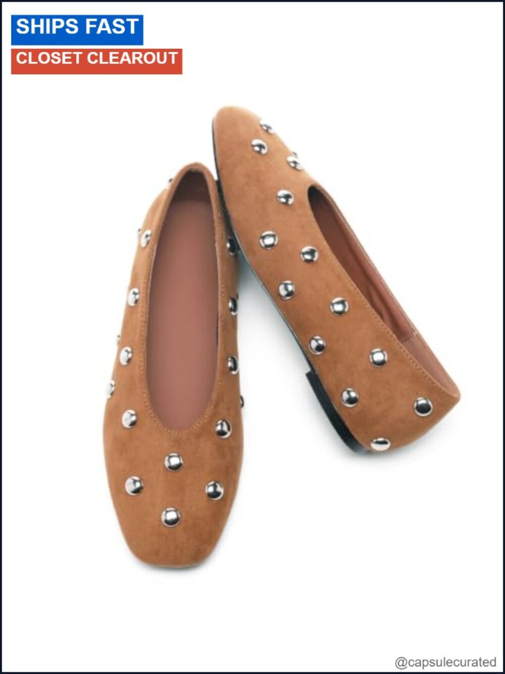 Studded Square Toe Slip On Suede Ballet Flats